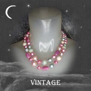 Vintage Multi Strand Necklace, Pink & Aqua Blue Pastel Beads Beaded MultiStrand